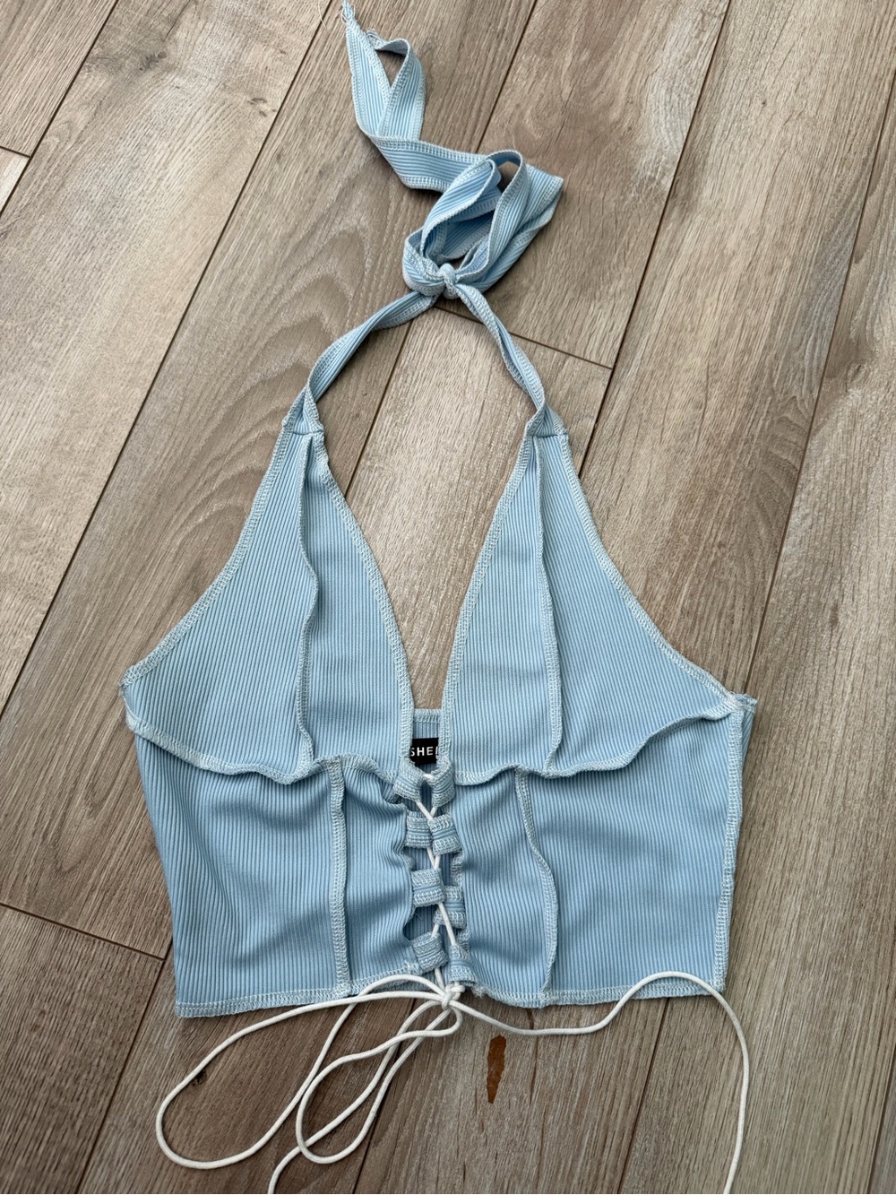 SHEIN Light Blue Ribbed Halter Lace-Up Corset Crop Top